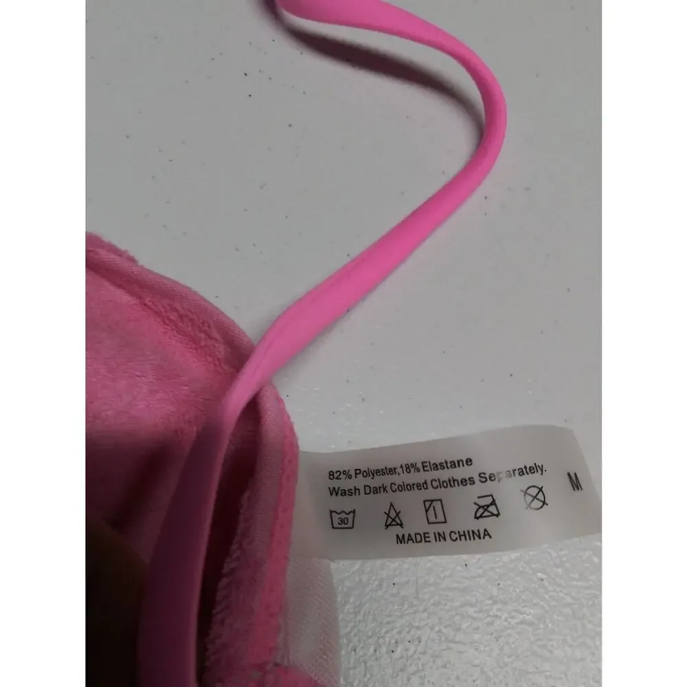 Pink Terry Cloth Tie-Strap Triangle Bikini Set with Heart Texture Size M